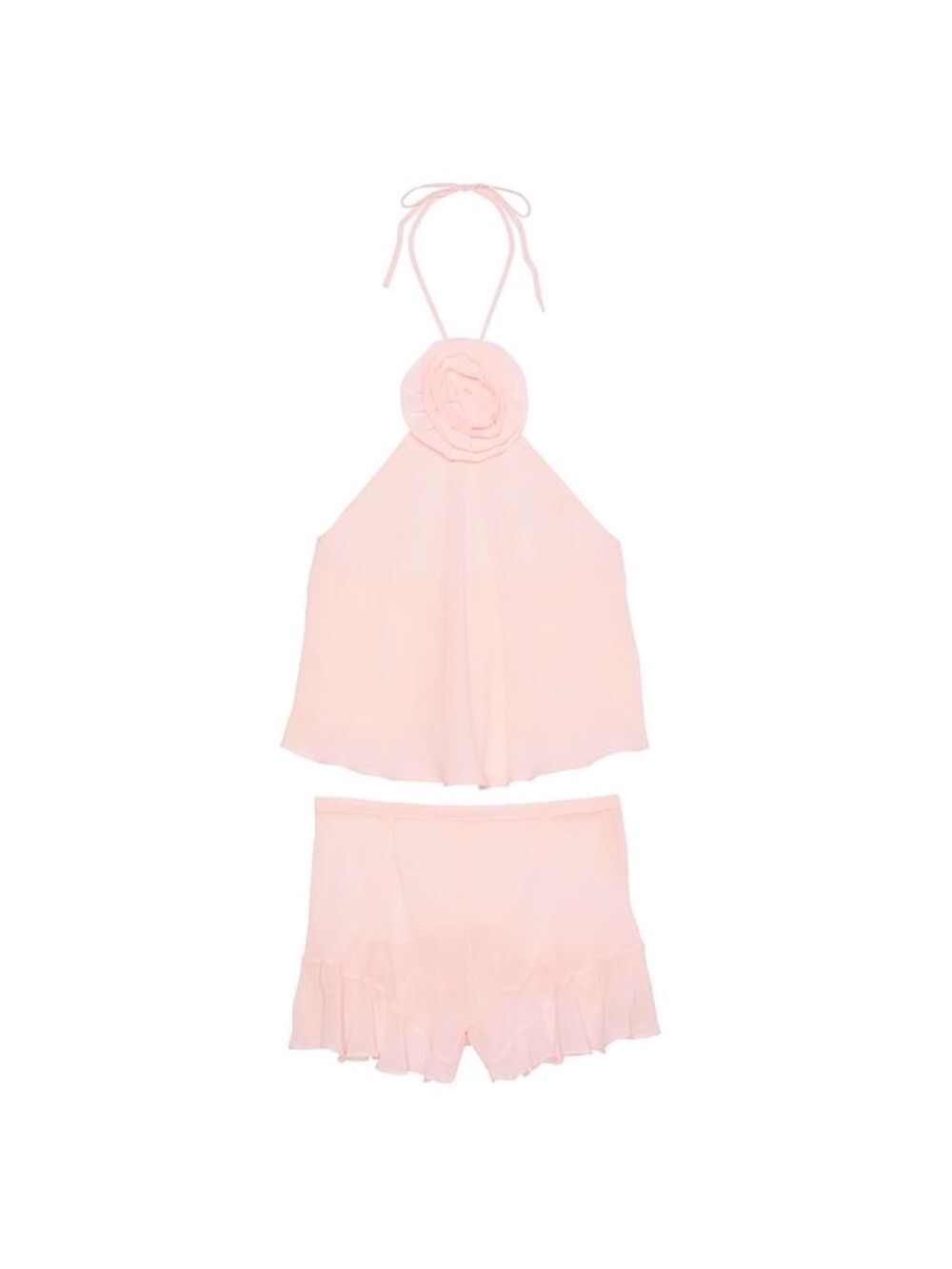 •Victorias Secret• Pink Chiffon Rosette Ruffle Halter Pajama Lingerie Set Size X
